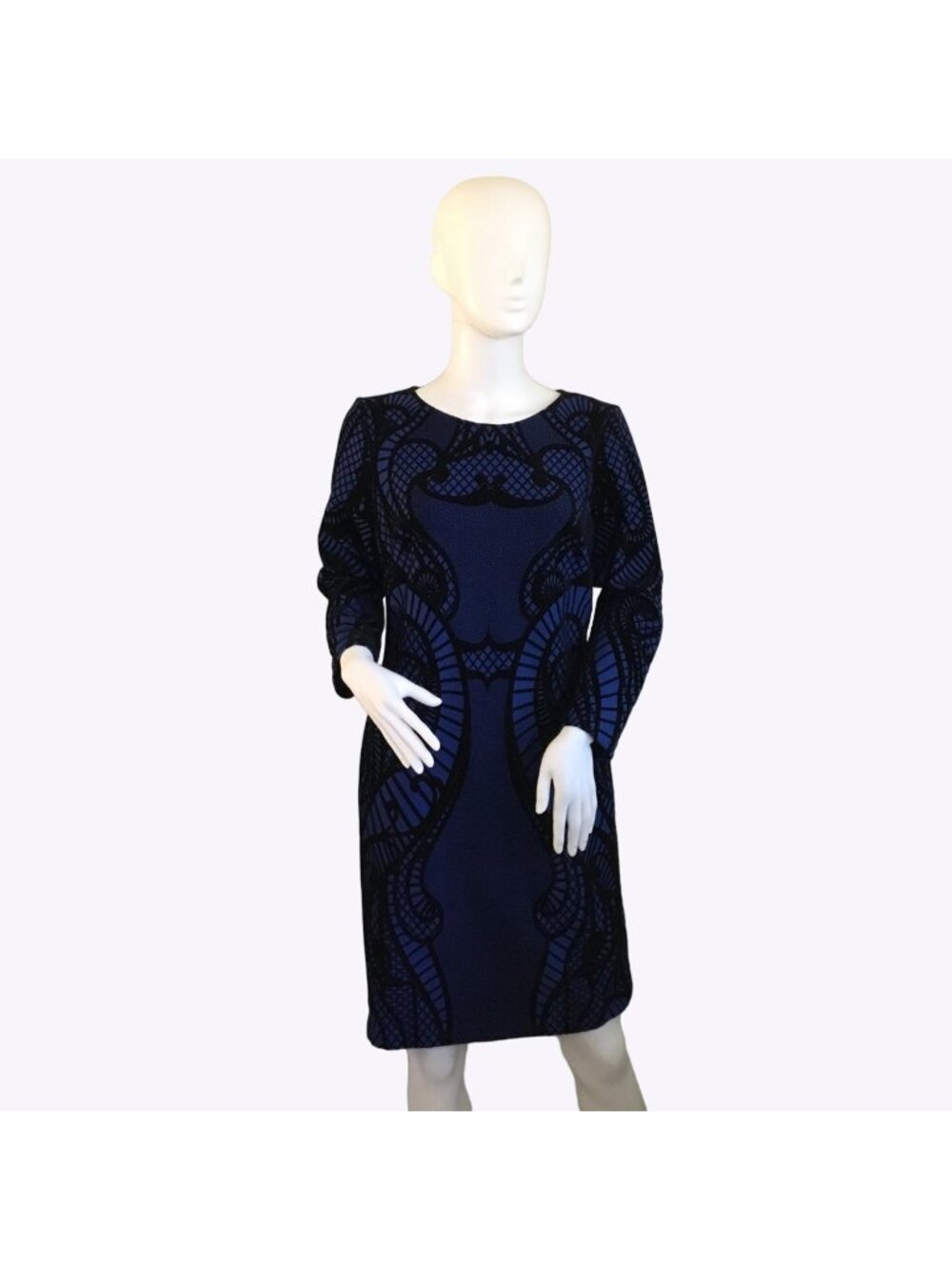 Blue & Black Velvet Flock Patterned Long Sleeve Dress With Back Zipper Size M